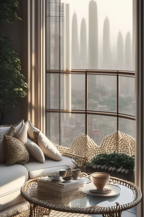 a wicker rattan sofa with silk and lace cushions , a glass-topped coffee table, an open book on top and a china coffee cup on the balcony of a luxury apartment, with a view of the luxury apartment through a large glass window in the background