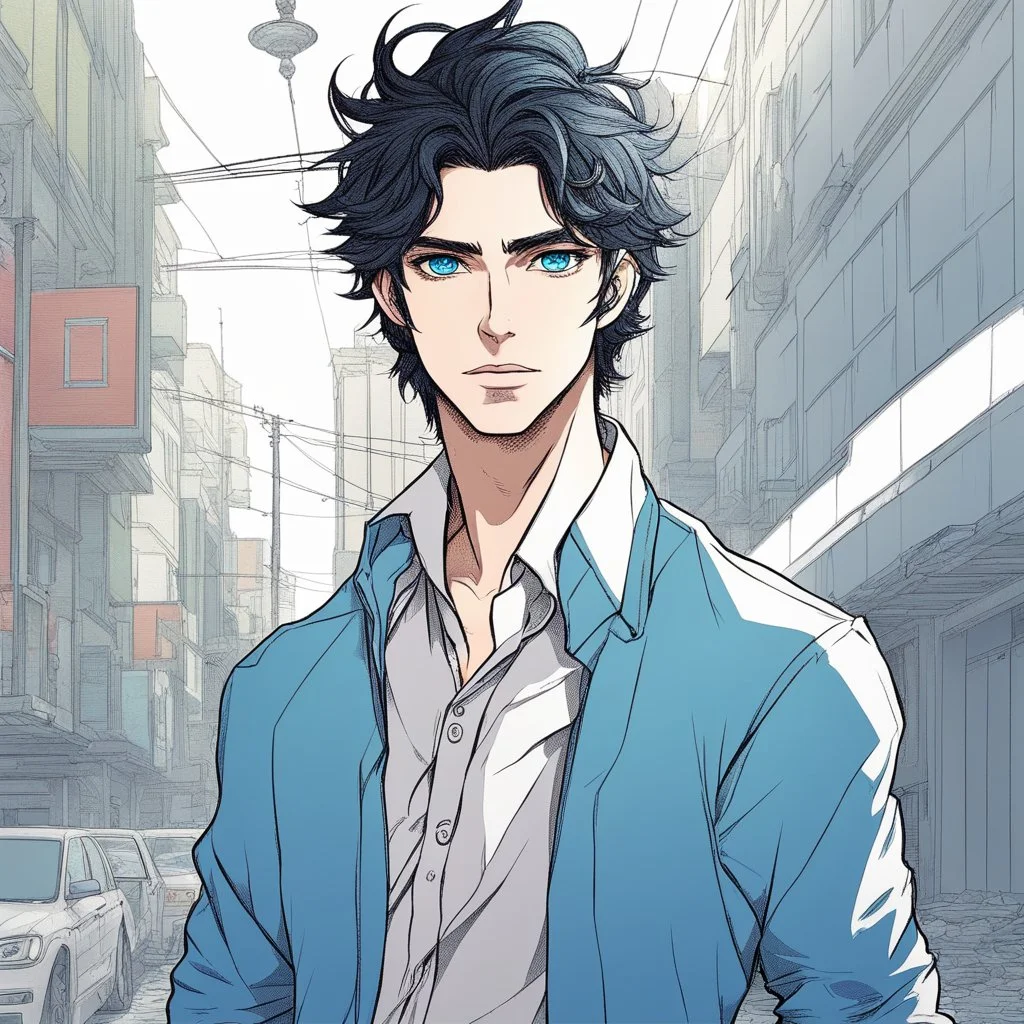 A confident handsome man with messy black hair and blue eyes, wearing casual, modern attire, colored manga style, intricately detailed,