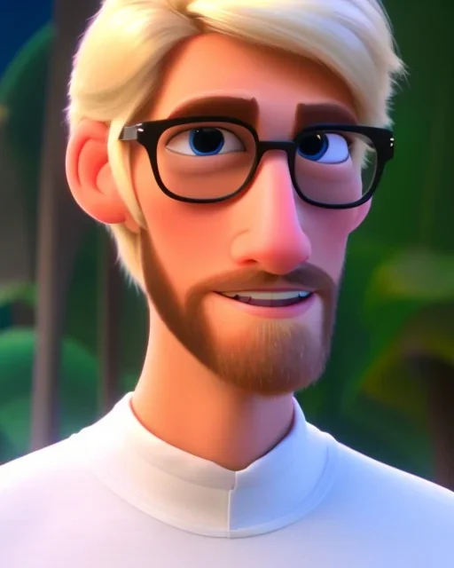 a tall guy who is skinny and scrawny with blond hair and blond beard. his hair is to the left side and he wears glasses. he is wearing a white t-shirt, black jeans and has straight teeth and brown shoes