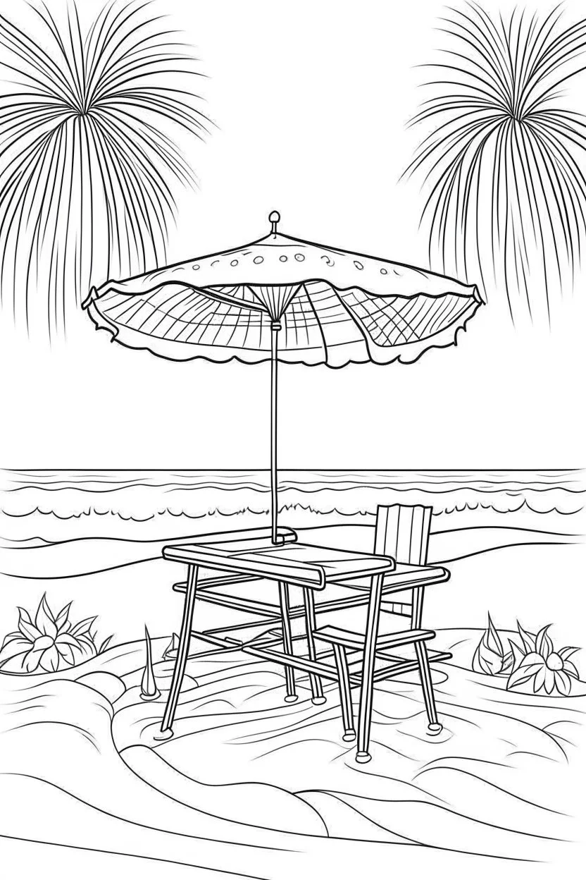 Outline art for coloring page, SHORT SQUARE WICKER PICNIC BASKET WITH HANDLES UNDER A TALL BEACH UMBRELLA, HAWAII BEACH, coloring page, white background, Sketch style, only use outline, clean line art, white background, no shadows, no shading, no color, clear