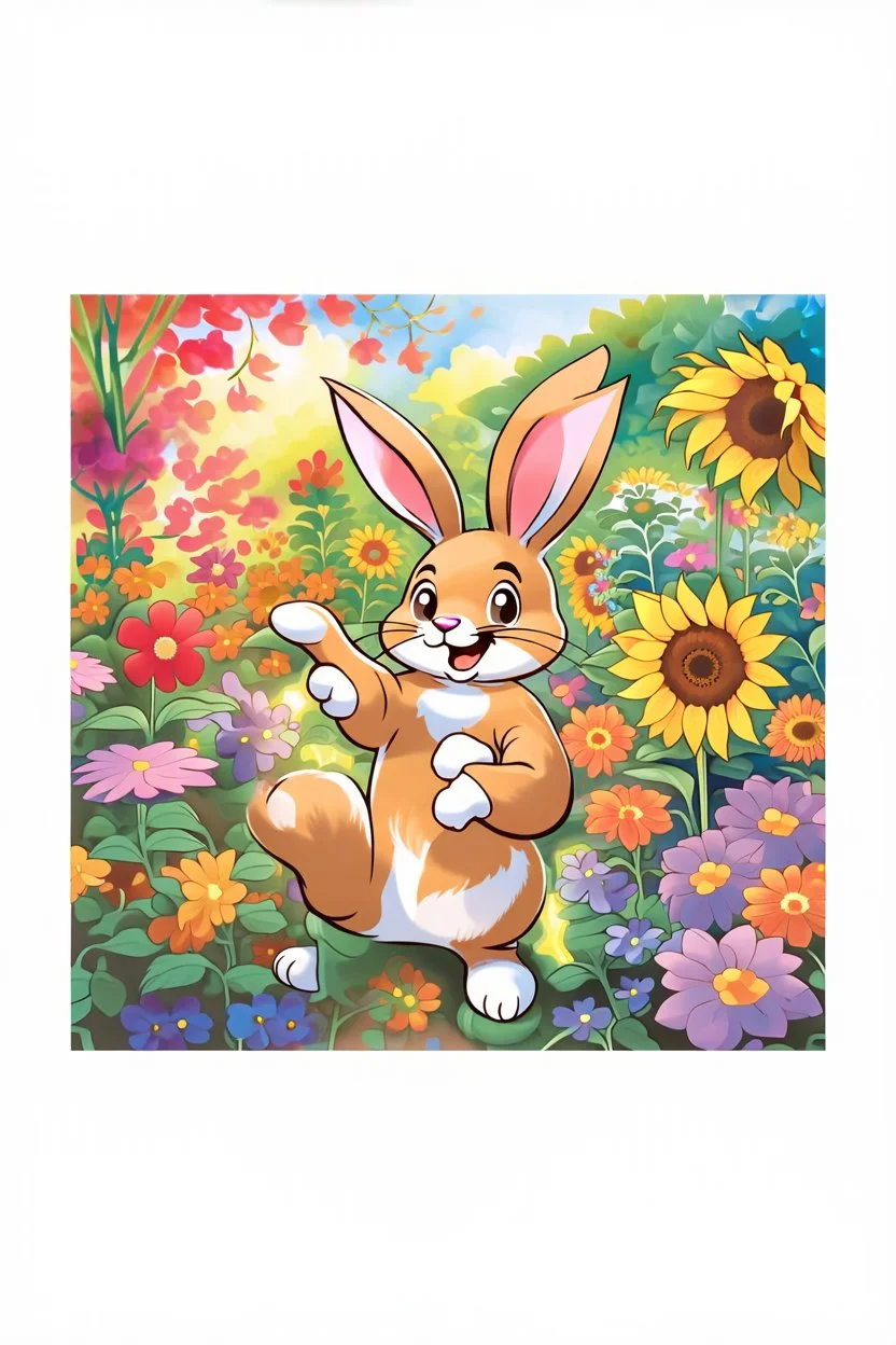 The cute bunny excitedly points at a bright yellow sunflower in the colorful garden, child book illustration style, faces must be the same as reference image