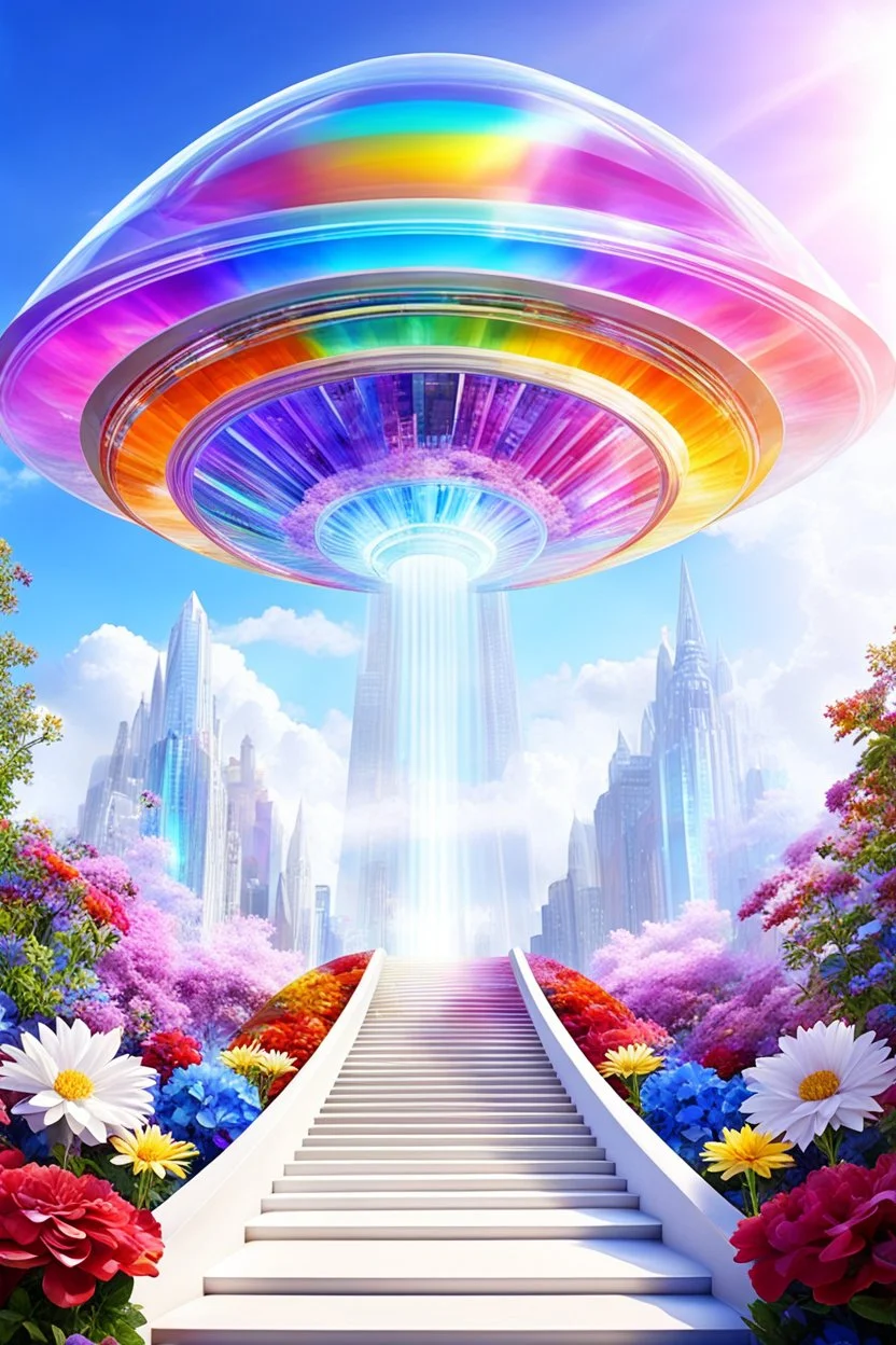 Ufo rainbow, futuriste ultra moderne,stairway to heaven,crystal very beautiful city,flowers garden,angels