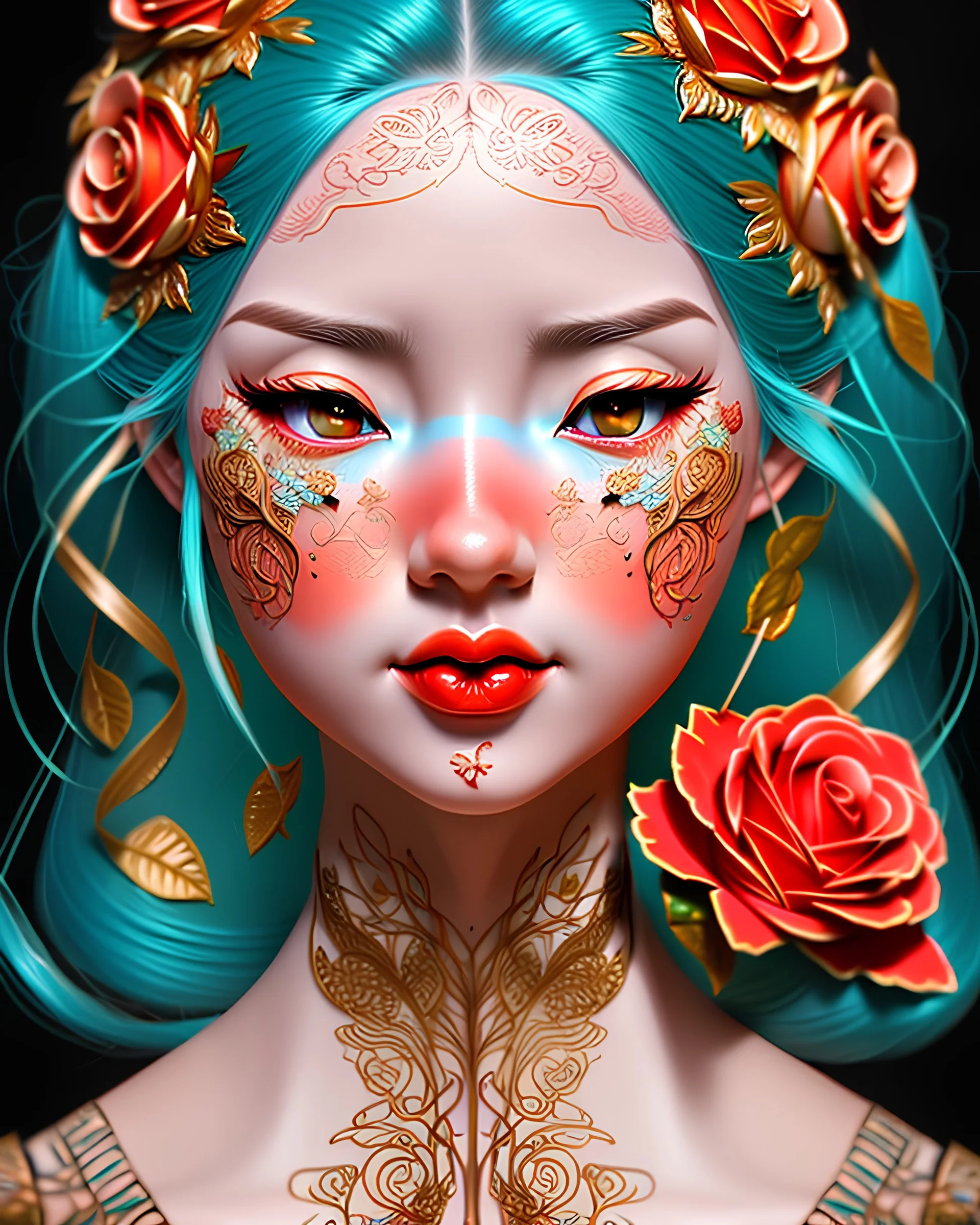 Portrait of beautiful smiling geisha, red, gold, orange, teal, yellow, teal eyes, roses, flowers, intricate, elegant, highly detailed, digital painting, artstation, concept art, smooth, sharp focus, illustration, v, hyper realistic, intricate detail