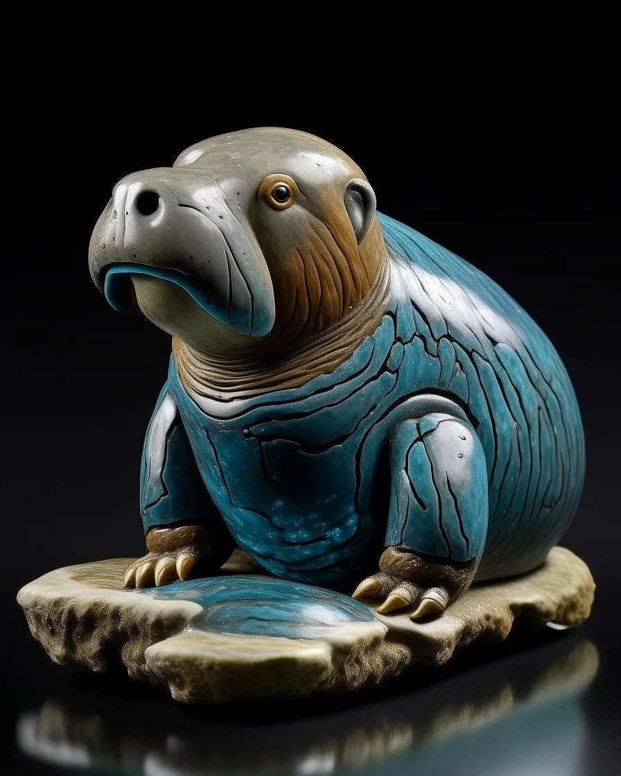 A blue water elemental walrus designed in Ica stones painted by Edouard Manet
