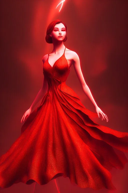 Adorable woman in red gown volumetric light ray in haze