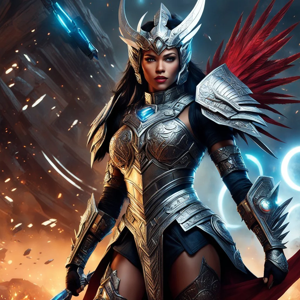 hold by an artificial intelligence escapes her spaceship Bigger! Wilder! Whoa! You will do what you always do. Hand in the art right when they need it. Too late to change. Imagine a futuristic world, a digital art masterpiece come to life. A female warrior, clad in intricate tribal armor adorned with menacing spikes, stands tall holding a bloody glowing curved blade that blends ancient tribal design. Her eyes, a reflection of the artificial intelligence within her, exude determination and powe