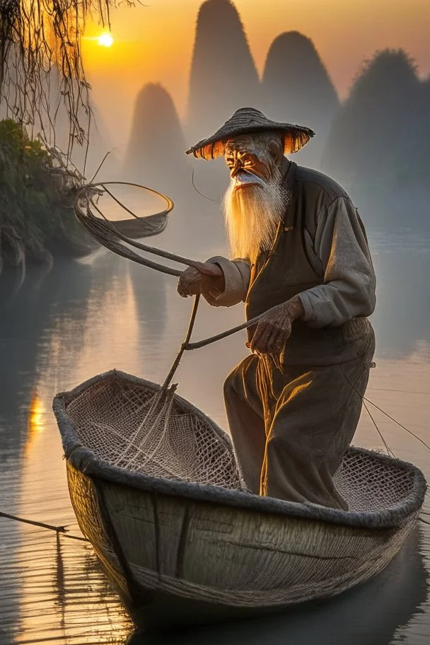 Old fisherman netting the fish on boat at guilin China at morning sunrise