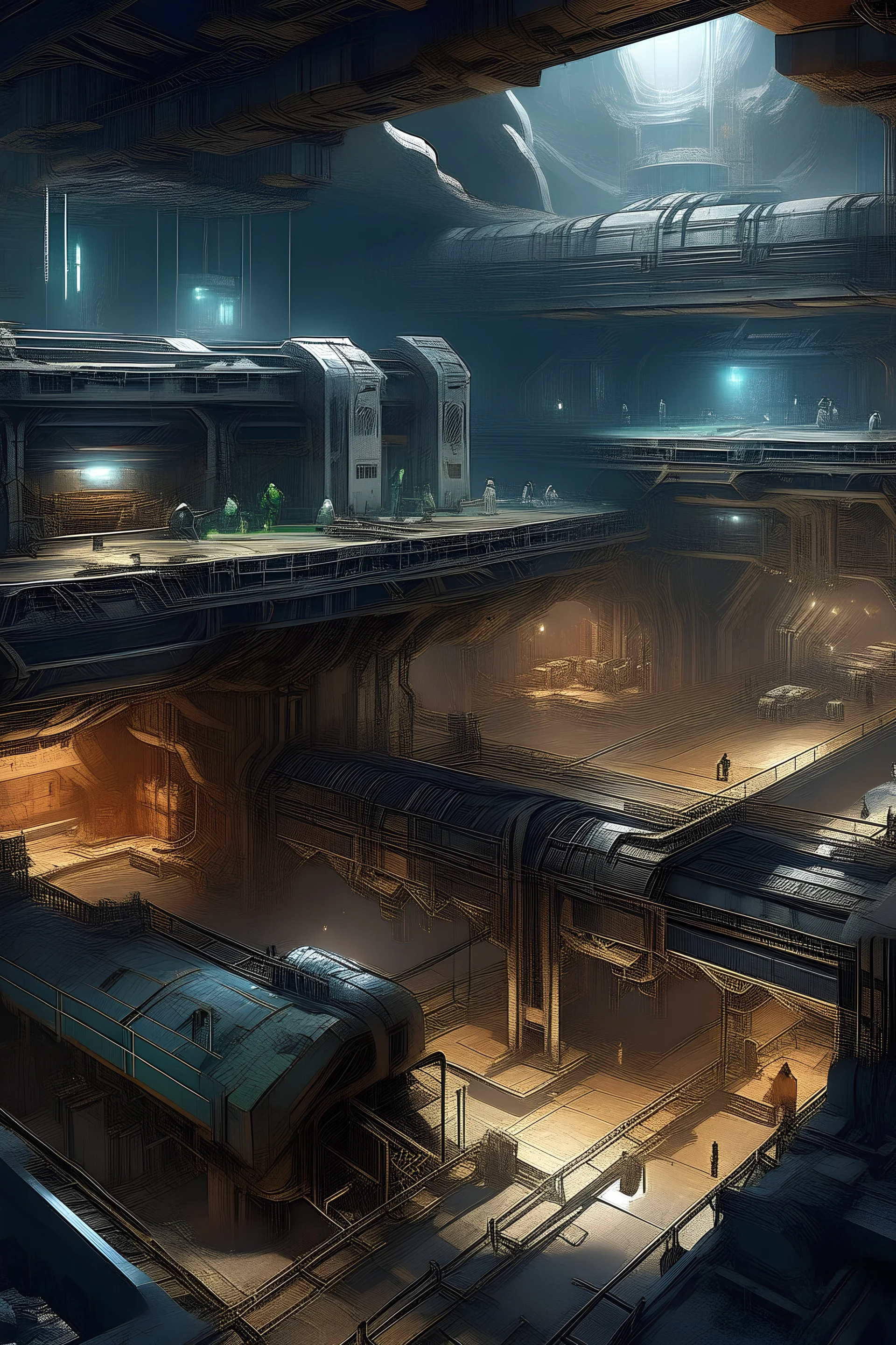 detailed overview of an underground futuristic city with a bustling munitions factory located inside a huge cavern