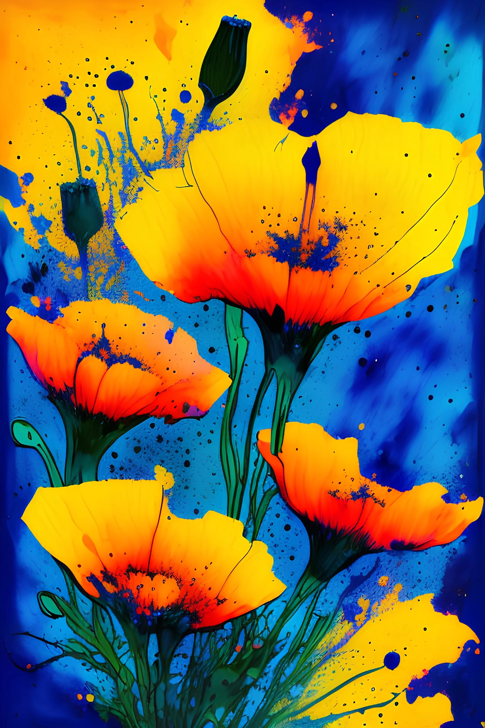 California Poppies. Colored ink, poured and spattered, on paper, center on canvas, clear margins, hd, 8k, sharp focus