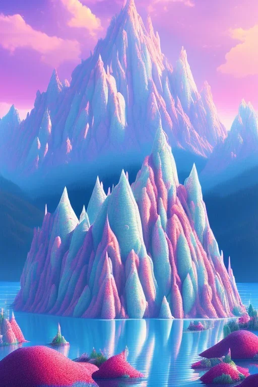 mountain with strawberry ice-cream on top, lake, trees, mystical, Post-painterly abstraction