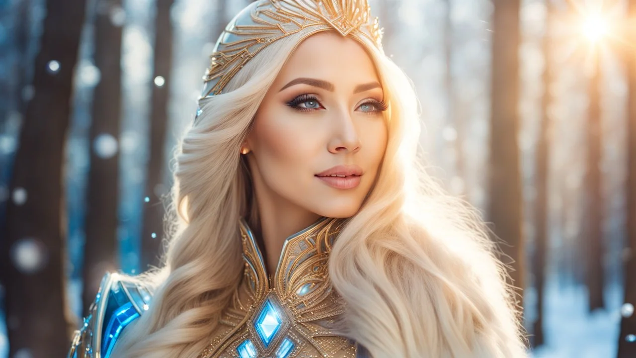 Photo realistic portrait of a gorgeous smiling euro-asian goddess with a golden dark shining skin, long smooth blonde hair, blue eyes, in a sci-fi outfit with luminous strikes blowing a kiss in a snowy wood with beautiful trees, a futuristic crystal palace with cupulas, sunrays through the branches at sunset, particles in the air in winter. Intricated details,