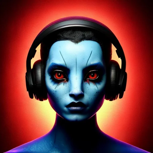 avatar portrait cute cyber alien Figure in a provocative pose,wearing headphones, Raw, gritty, Gothic,, flyer design, Dark reds and blacks, bright, bloody red , background that suggests violence and chaos, flyer design, 3D vector art, Defiant, rebellious, aggressive, fantasy art, watercolor effect, bokeh, Adobe Illustrator, hand-drawn, digital painting, low-poly, soft lighting, bird's-eye view, retro aesthetic, focused on the character