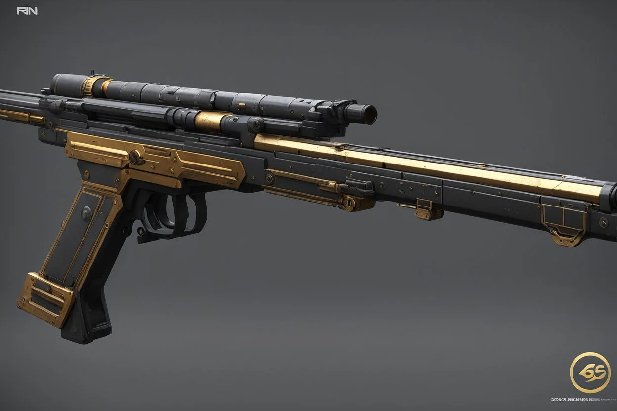 Goldmember rifle rail gun double cannon with bayonets munition belt Original concept design rendering with Blender, Substance painter, Photoshop, Marmoset toolbag 22.7k tris, 21.4k vertices, 4k textures. in a sci-fi armoury