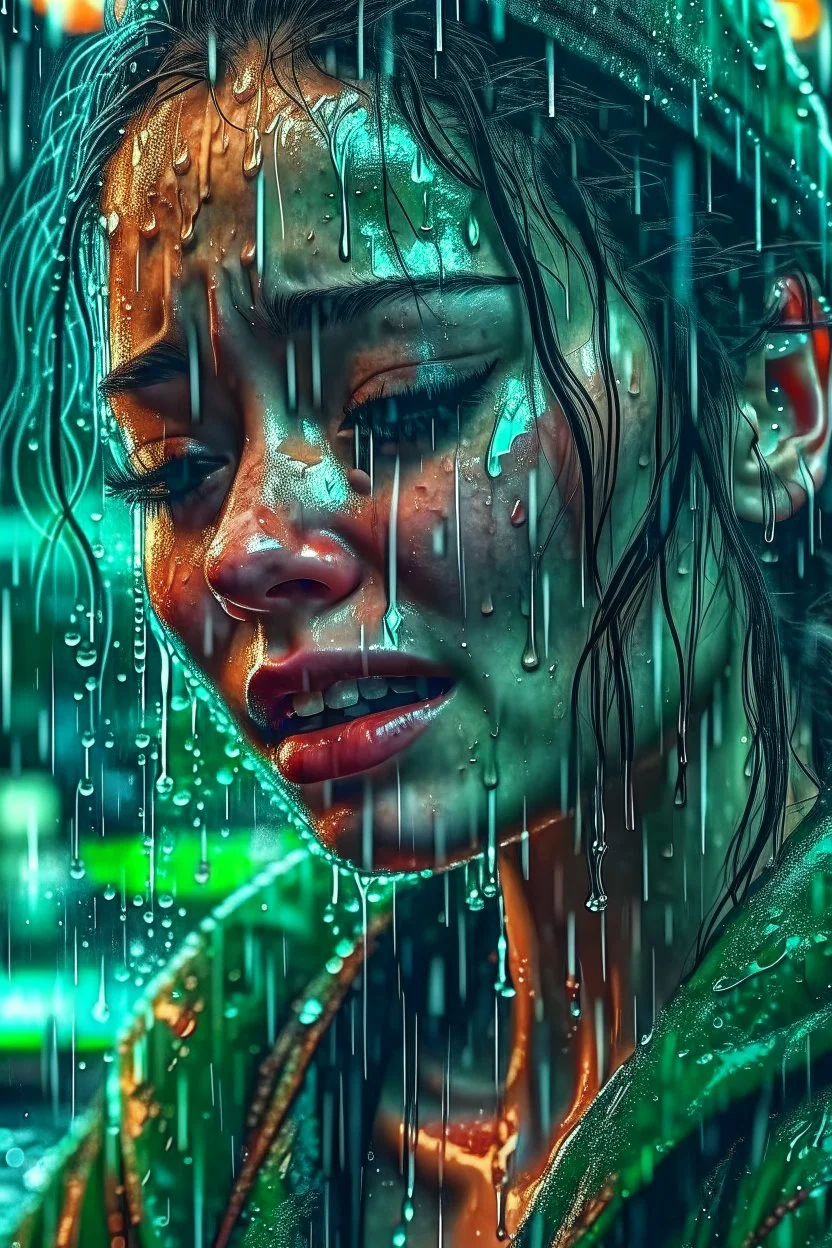 Half woman, half machine, crying in the rain, malfunctioning, chaos, abstract, super rare, super realistic, 8k