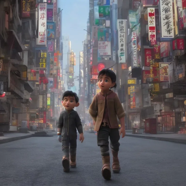 A young boy walking streets of megacities, tokyo post apocalyptic