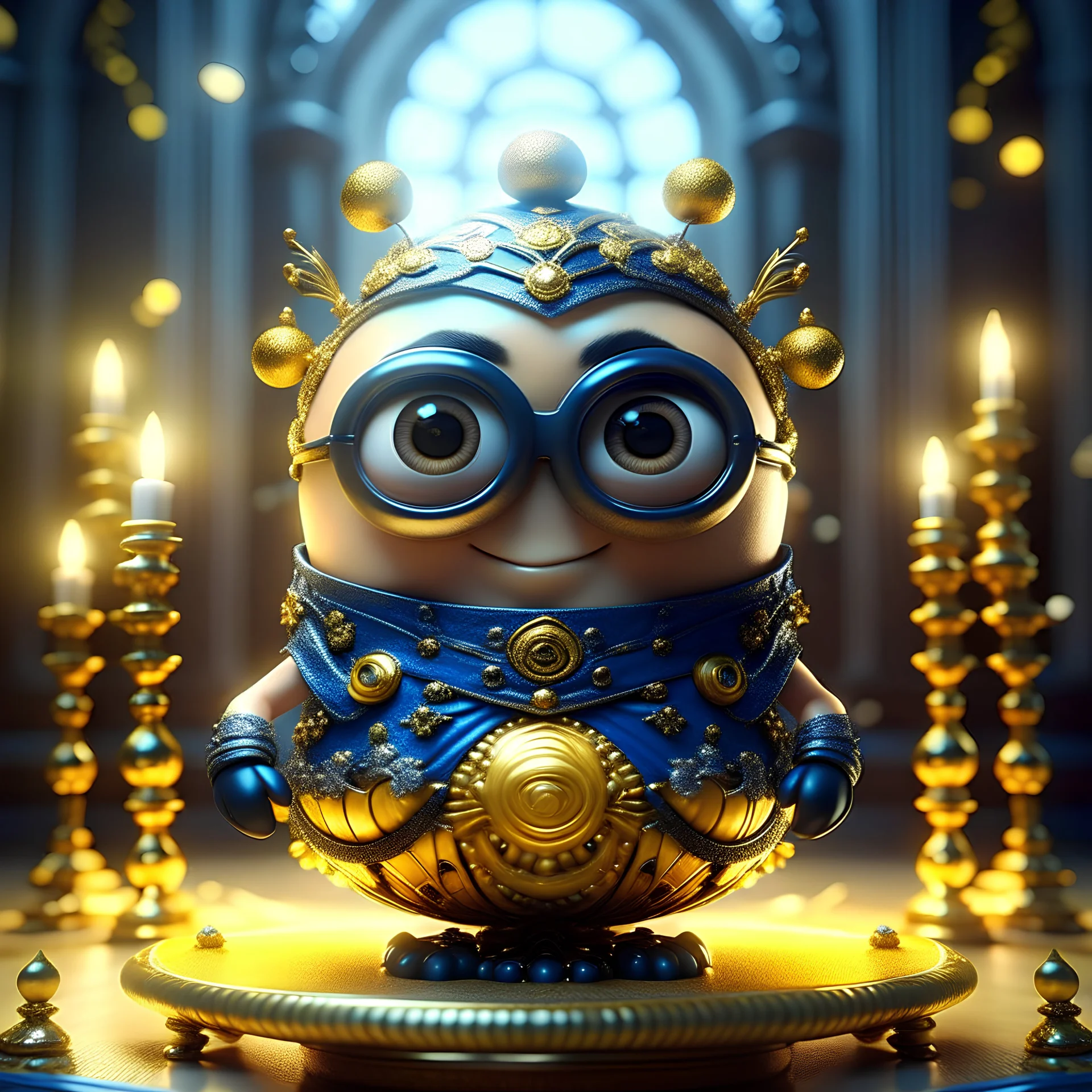 A cute and whimsical Minion character in an ornate, fantasy-inspired setting with sparkles, bokeh, and decorative elements. Prompt: A cute Minion character in an ornate, fantasy-inspired setting with sparkles, bokeh, and decorative elements, in the style of digital art or 3D rendering.