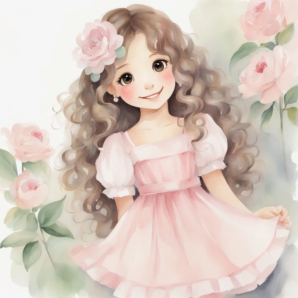 watercolor, full body, cute smile girl, curly hair, big eyes, long brown hair, pink dress, pink shoes, white backgrownd