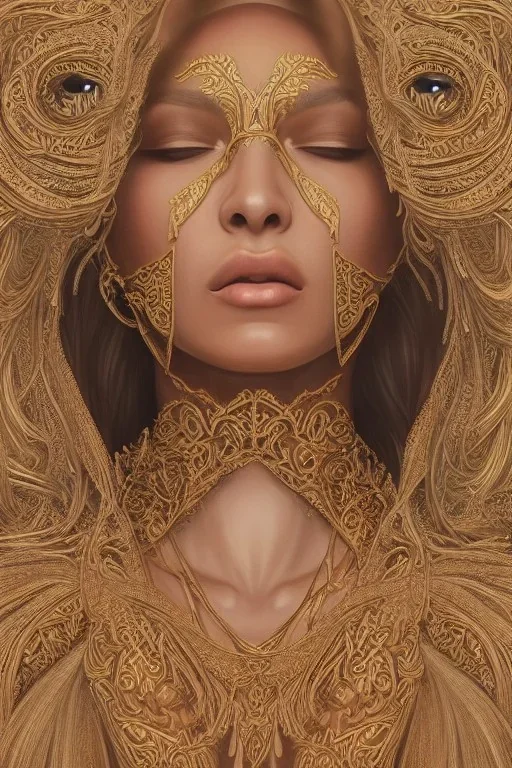 Portrait of a ornate and intricately detailed beautiful female tan skinned goddess queen :: open robes :: exposed breast :: perfect proportions :: flawless eyes :: by Artgerm :: hyperrealistic, hyper detailed, photorealistic :: a masterpiece, incredible composition, amazing depth, imposing, meticulously composed, 16k resolution concept art