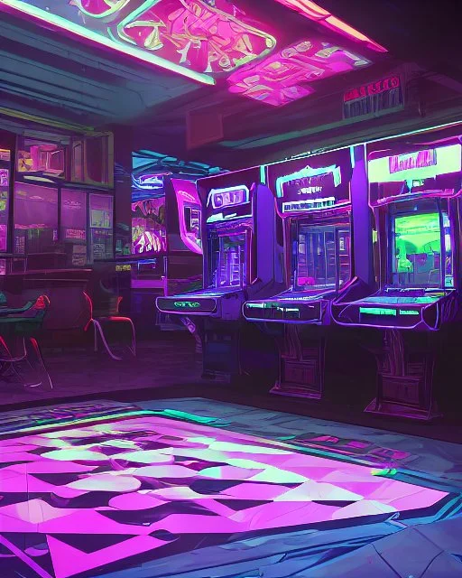 A dark photo of the corners of an 80's aesthetics arcade at night, with a lot of functioning arcade machines, a vaporwave floor and some colorful tiles in between the floor. Purple aesthetics. There are some pizza boxes over some of the arcade machines