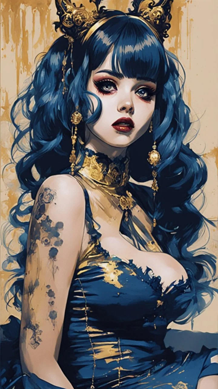 Poster in two gradually, a one side malevolent goth vampire girl face and other side the Singer Melanie Martinez face, full body, sit pose, painting by Yoji Shinkawa, darkblue and gold tones,