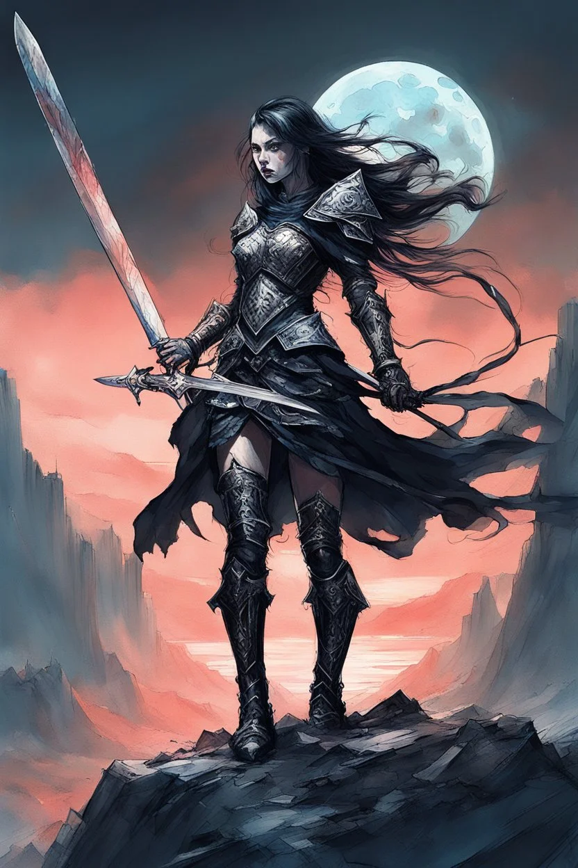 A formidable warrior girl in black armor defends herself with a shiny sword, against the background of a gloomy castle and scary mountains illuminated by a blue moon, a fabulous scary hero, juicy emotions, painting, gloomy fantasy, dark world,, without a background, oil and graphite, wide strokes, a weaving frame around, by Ryohei Hase, Agnes Cecile, Raymond Swanland, Anne Bachelier