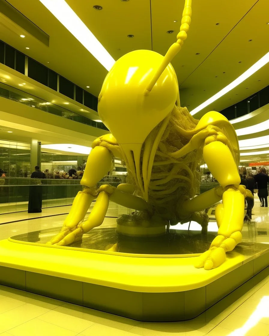 Distorted large yellow insectoid alien in a mall