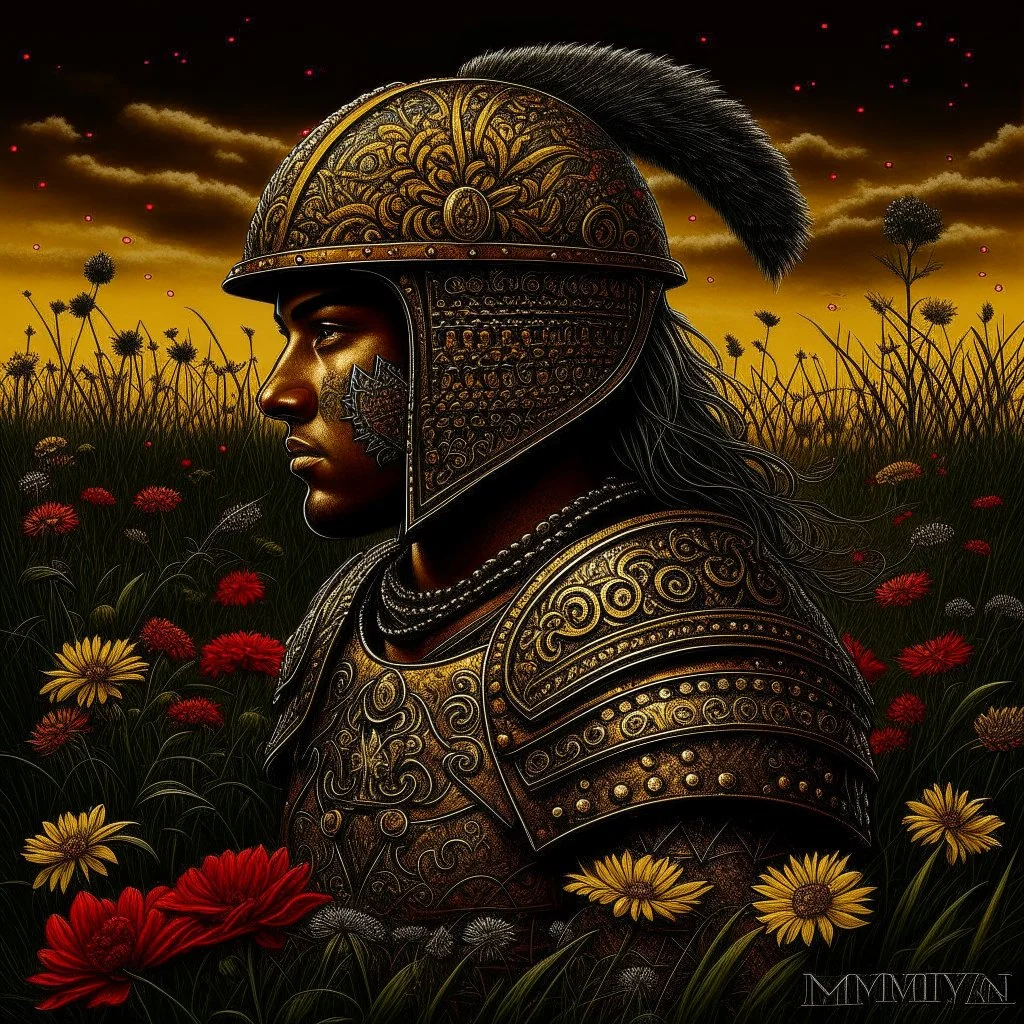 Warrior with helmet, midsummers eve, traditional, pagan, painted, digital painting, 24k, high resolution, highly detailed, ornate, meadow with flowers and trees, art by Manuel Sanjulian