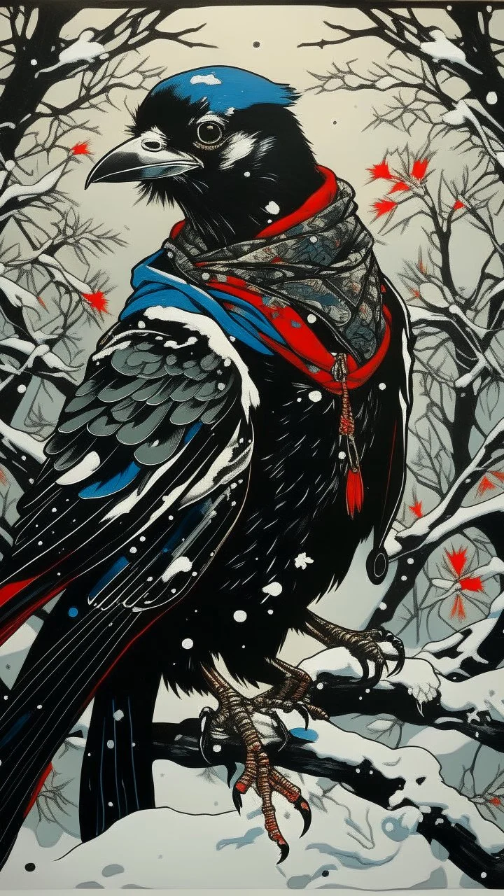 A contemporary serigraphy portrait by Kuniyoshi and Kunisada of a crow adorned in a punk leather jacket within a snowy Christmas atmosphere.