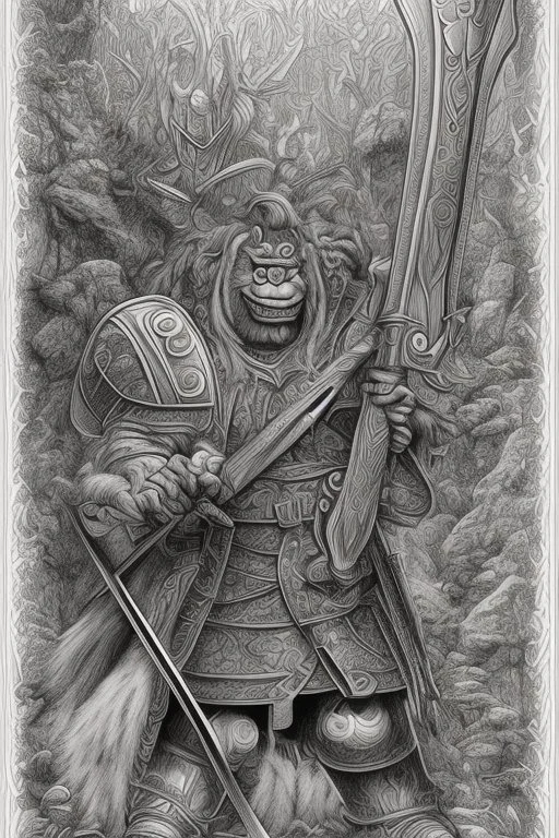 coloring book page of a gigantic troll holding a sword