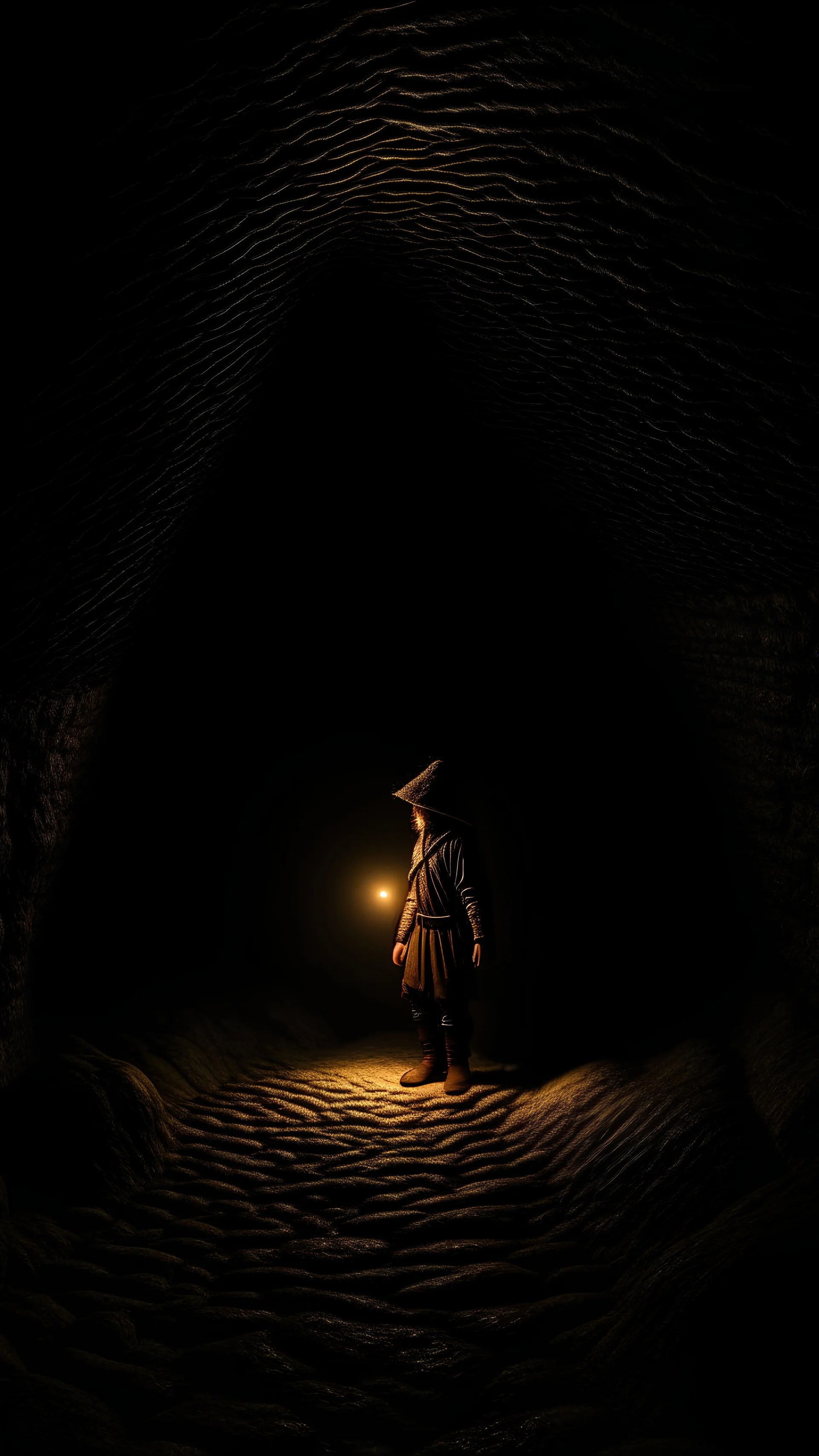 character in semi-darkness, on the scree cone of an underground room dimly lit by daylight coming from a well located forty meters above.