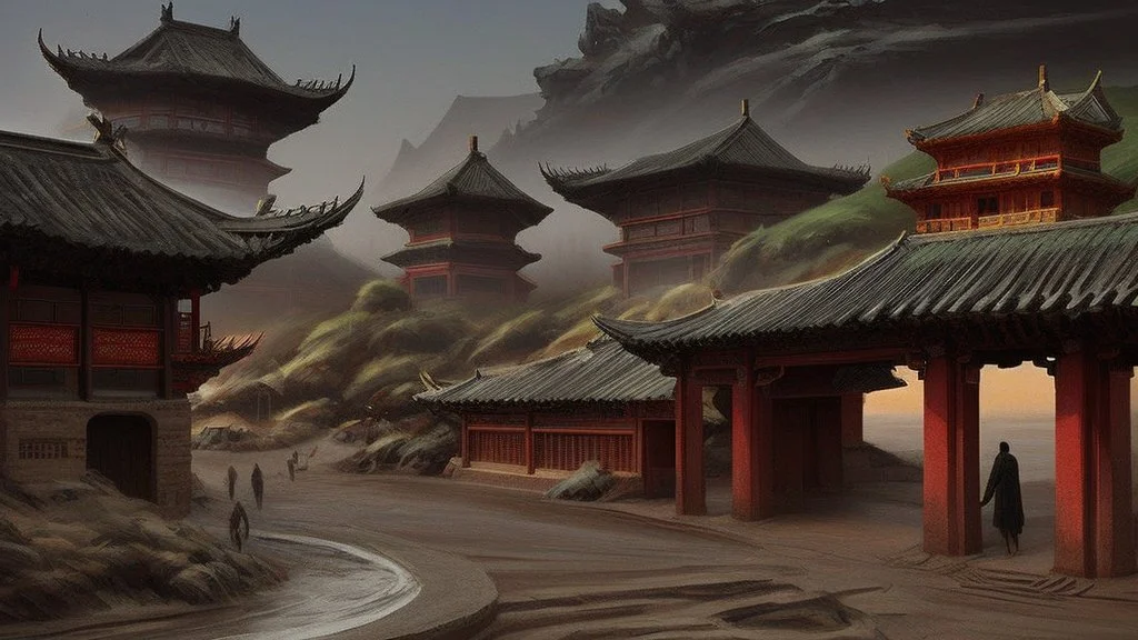 ancient, fantasy, chinese town, dune, crater, sand strom, destroyed chinese houses