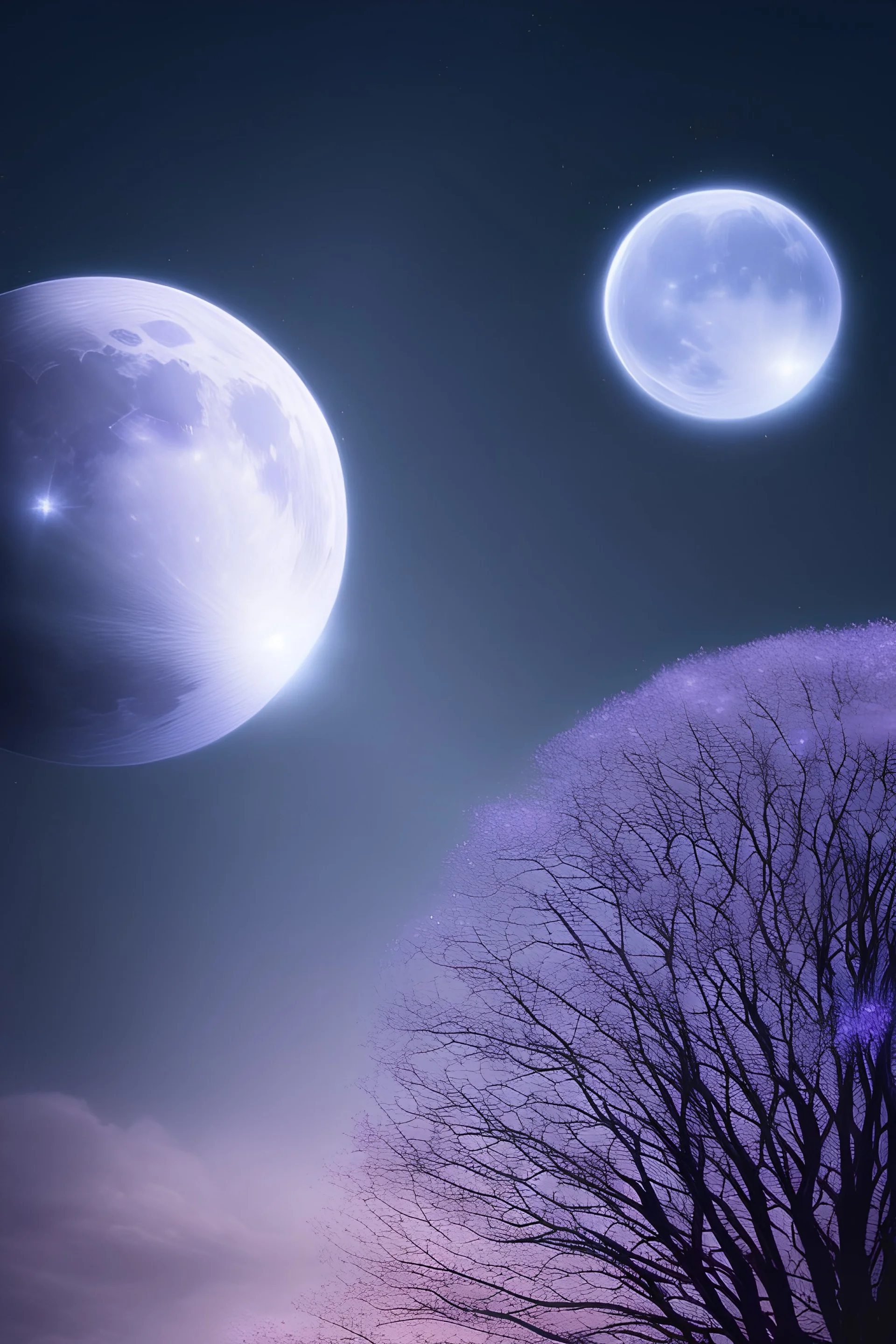 a background of softly blended blues, greys, silvers, purples, and whites with distant, twinkling stars in the sky, an a spherical serene moon, casting a soft glow of light on a foreground of a field of various flowers surrounding a tree of life