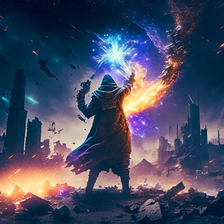 post apocalyptic space sorcerer casting spells, explosion behind, destroyed city, night starry sky, epic cinematic fight scene, 8k resolution, photorealistic, ultra detailed, macro photography