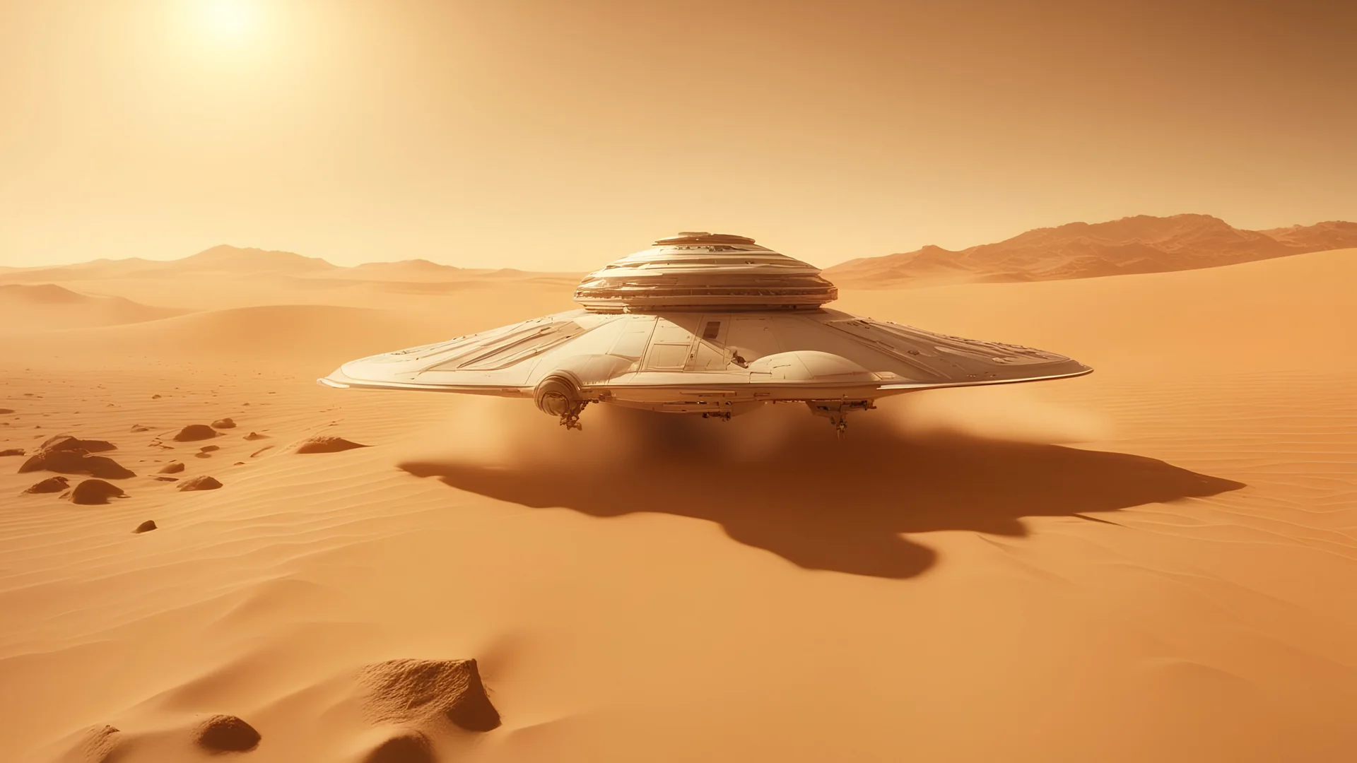 highly detailed spaceship flying through the dessert over mars, image capturing the dynamic and implied movement, establishing shot, sand - storm, mars desert, peach light, movie still, Phantom High-Speed Camera style raw