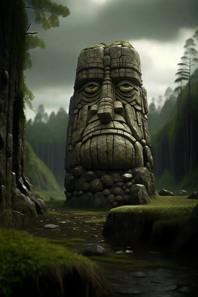 portrait in weird angle of huge crying rock giant in front of rock column in front of rock rocket on bumpy road in moist swamp planet , photo-realistic, shot on Hasselblad h6d-400c, zeiss prime lens, bokeh like f/0.8, tilt-shift lens 8k, high detail, smooth render, down-light, unreal eng