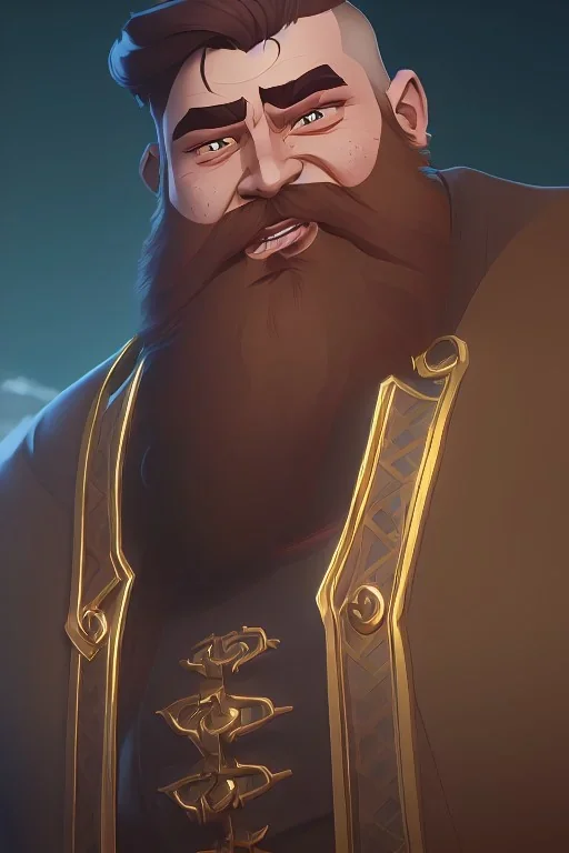 Fantasy Bearded strong man wearing a thick fur-lined merchant's coat, wearing gold rings, divine, halo, happy smiling, portrait, high definition, realistic, long hair, dynamic lighting, volumetric lighting, mustache