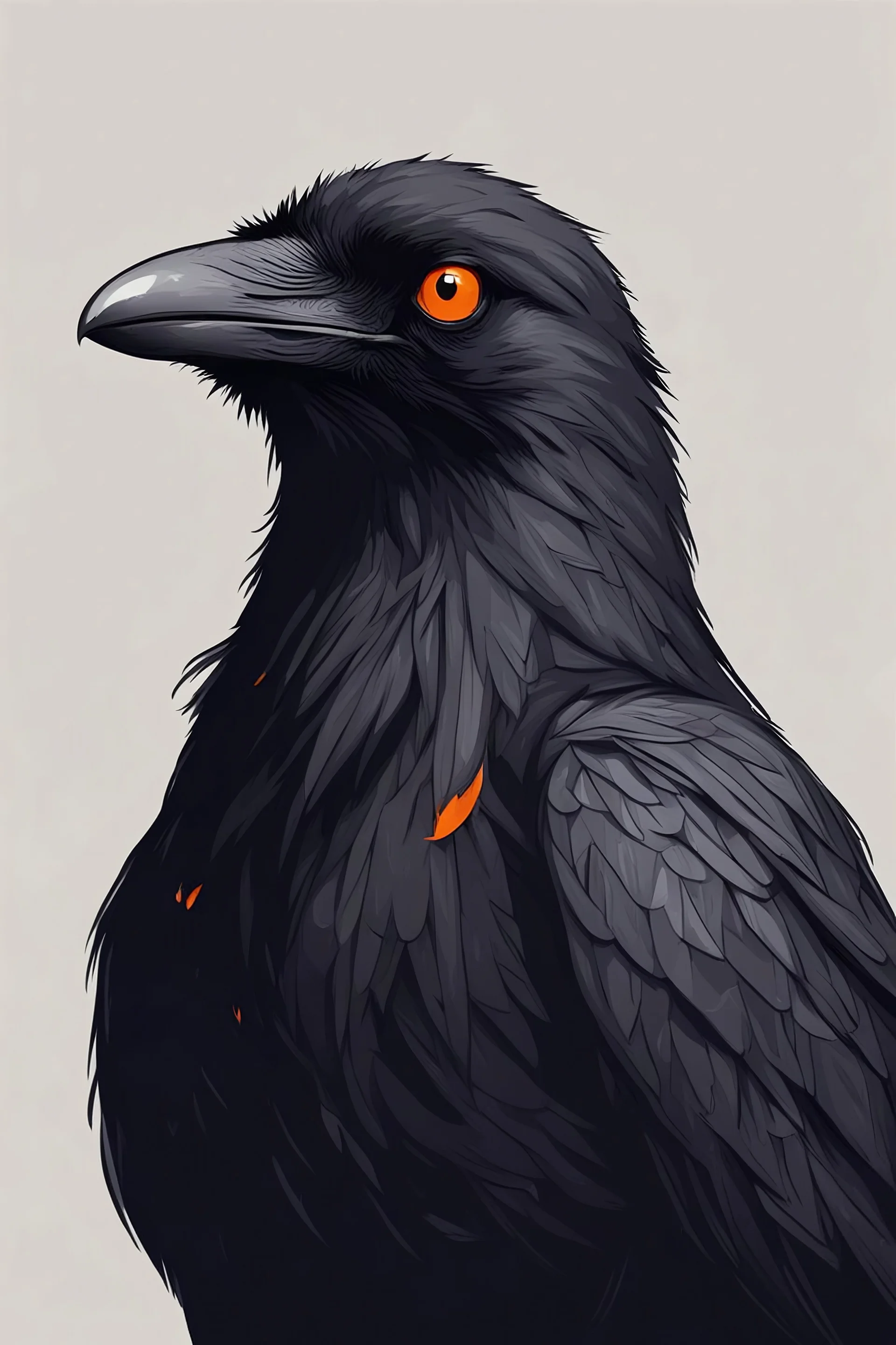 Portrait of an raven with orange eyes. Simple drawing style.