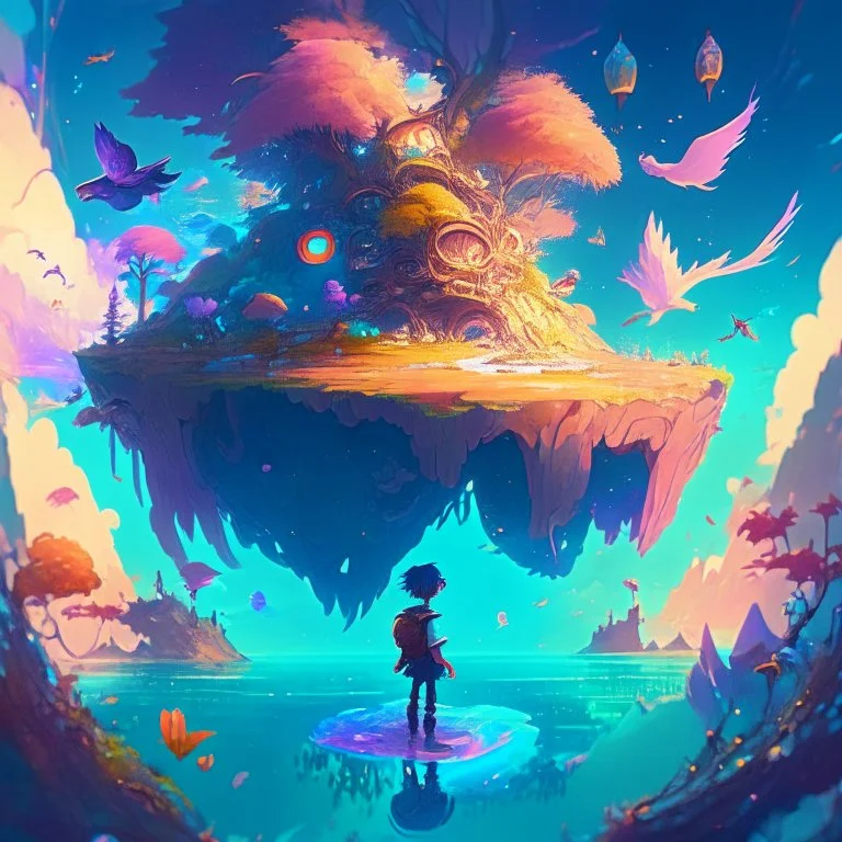 A vibrant, inspired illustration of a magical, dreamlike world, with floating islands, enchanting creatures, and a young protagonist embarking on a journey of self-discovery, evoking the imaginative and emotional storytelling found in anime,cinematic, 4k, high resolution, full details