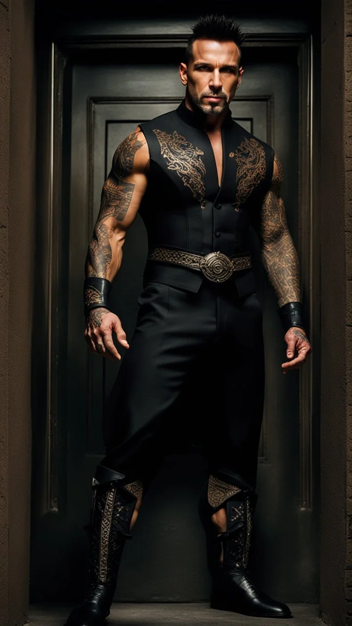 Jason David Frank as a Very muscular alpha male with short hair and tribal tattoo and piercings. Wearing a black designer suit , standing in a doorway. dark fantasy, hyperrealistic