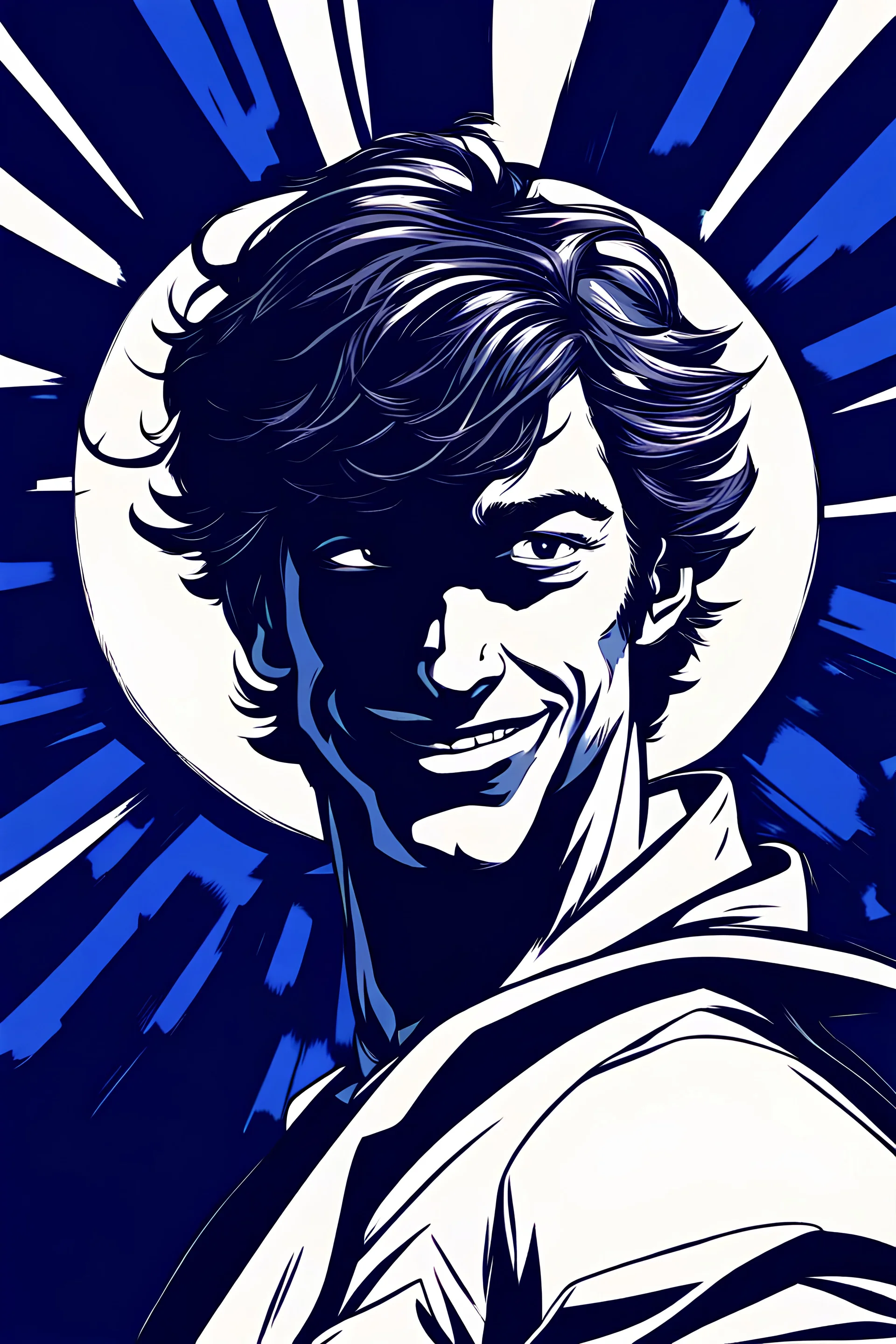 artwork, comic style, dark blue, a man, happy