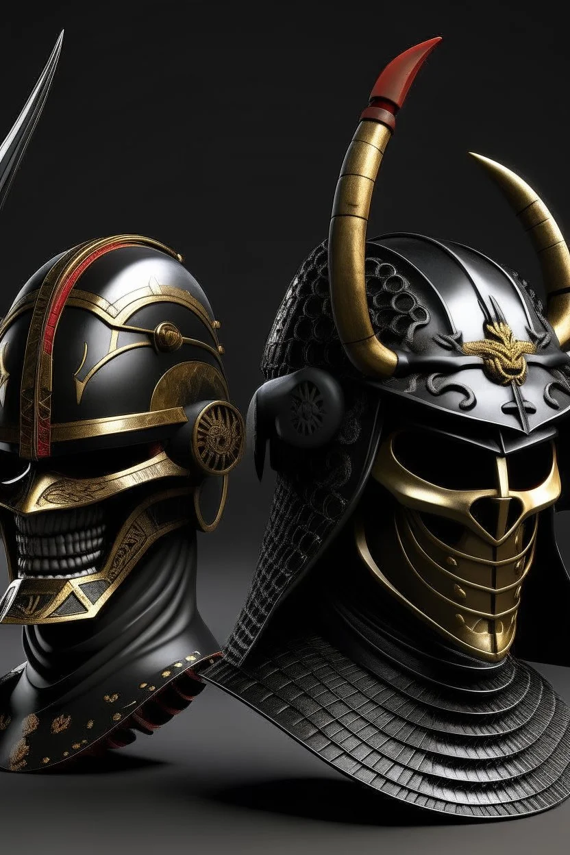 cyberounk samurai with crescent moon helmet and oni samurai mask