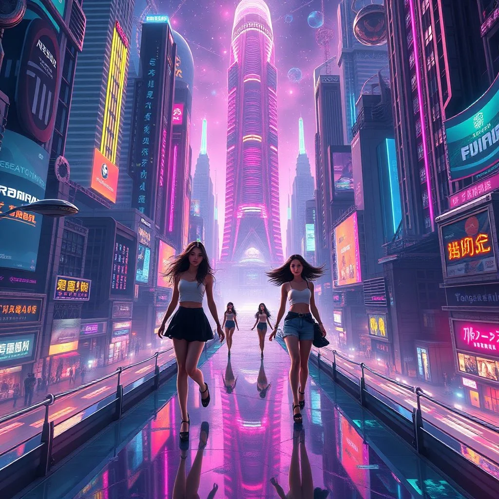 Detailed, highly intricate 3D fractal recursive art, with dancer girls wearing modern fashionable clothing,walking to looking at camera in a magical, futuristic cityscape with towering skyscrapers, hovering vehicles, and glowing neon lights. The city has an otherworldly, dreamlike quality, with a sense of wonder and escape. Hyper-realistic, 8K resolution, cinematic lighting, stunning detail