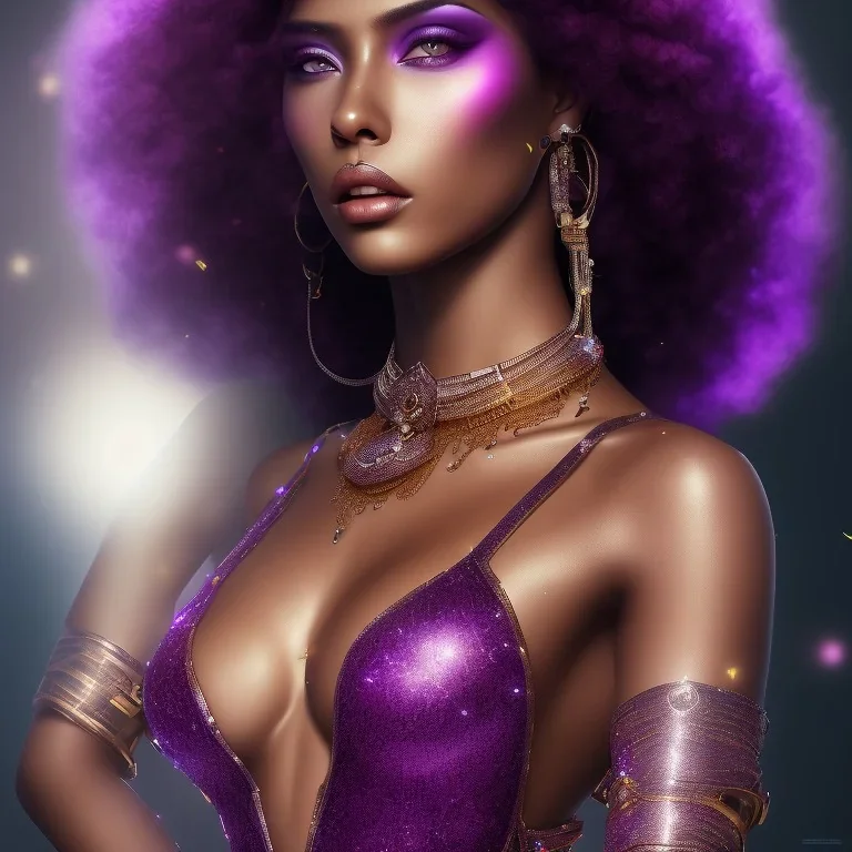 full body shot, masterpiece, best quality,dark skin, sparkling eyes, fluorescent skin,purple-dark makeup, gangsta armed , highly detailed body, sun light, 4K, RAW, depth of field, high contrast, realistic details, 24mm