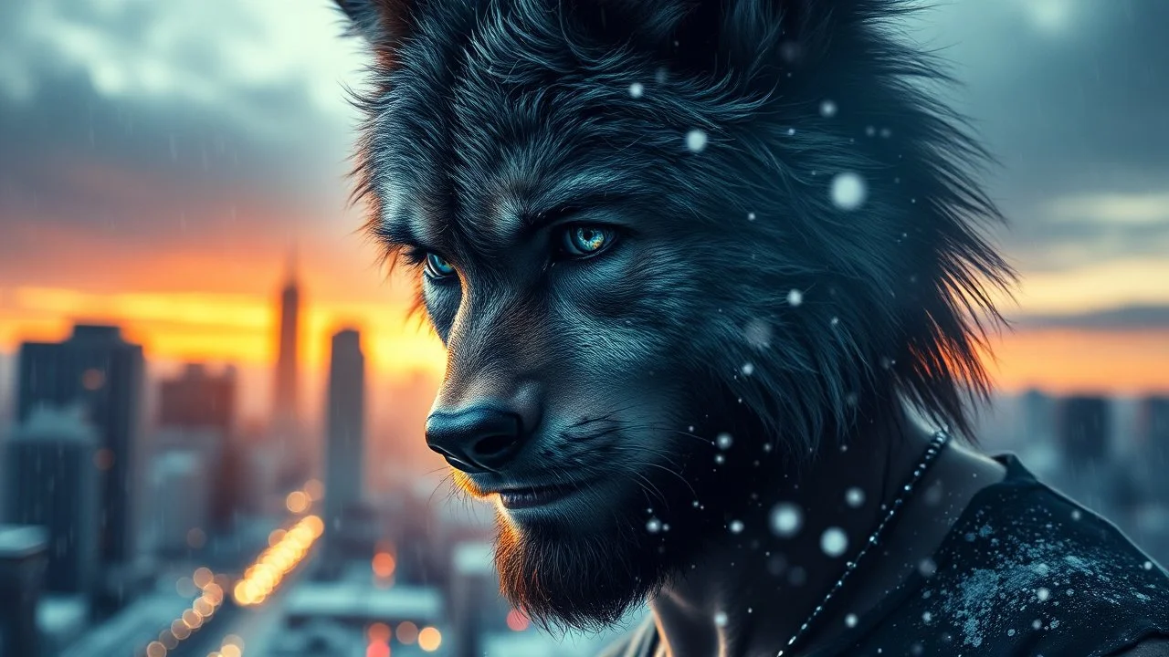 double exposure, Wolf Man, man, city, sunset, gouache, snow, rain, fantasy, mystical, tattoo, vertical pupils, high detail, high resolution, 8K