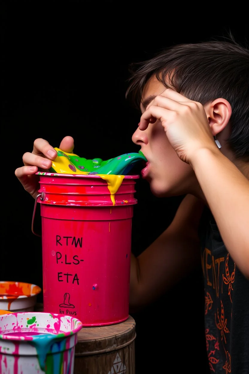 someone drinking paint from a paint bucket