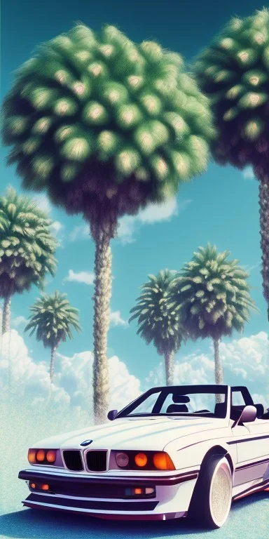 1980's aesthetic vaporwave palm trees and spheres and sports bmw