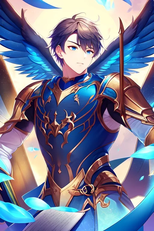 a person in runic armor with blue wings, blue short hair, runic tattoo and spell book, male