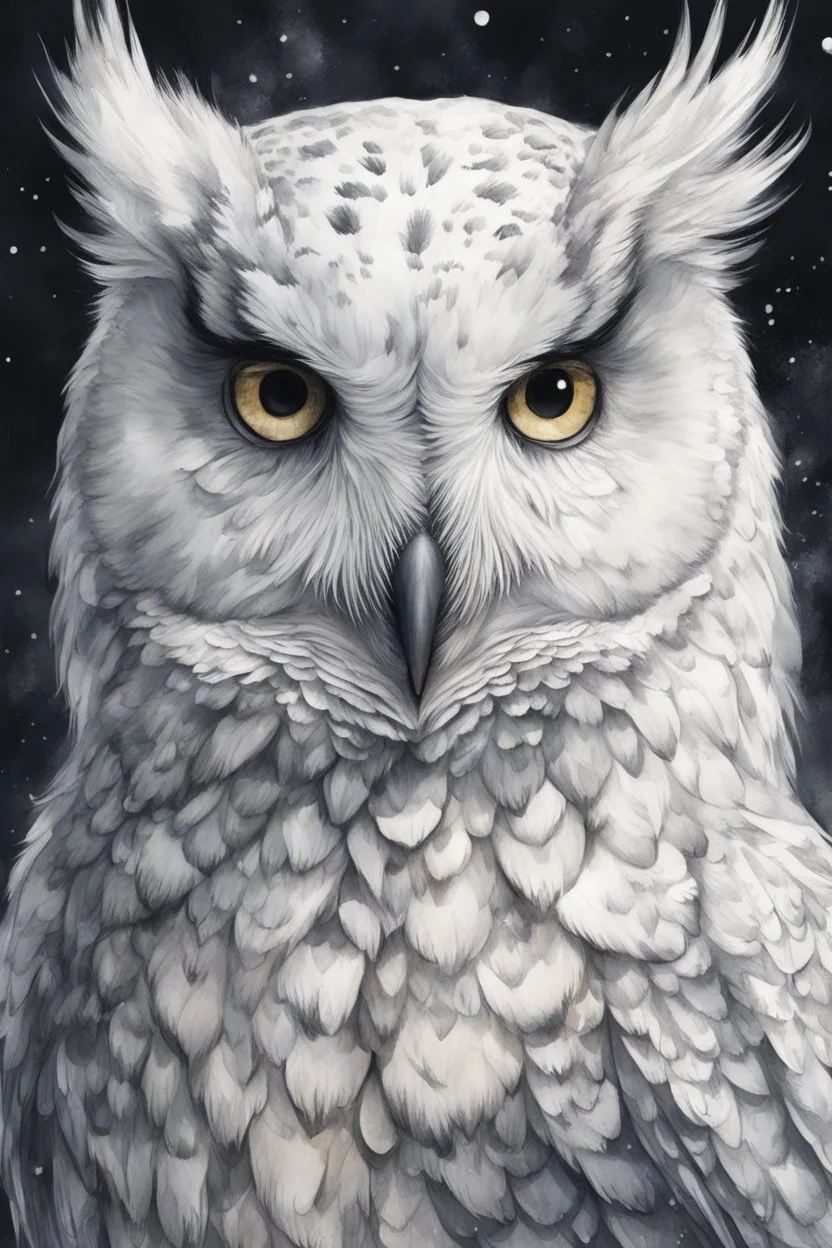 ink wash and watercolor illustration of a wizened Snowy Owl girl with highly detailed feathers and facial features , with a fine art aesthetic, highly detailed , realistic , 4k UHD cinegraphic quality