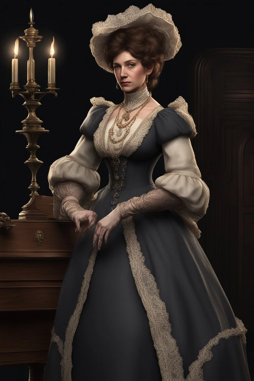 warm but stern aunty victorian era, posh british accent influenced, high born facial features dnd character on a solid black background, full body image, high quality realistic.