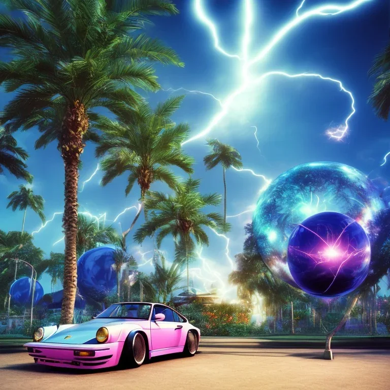 1980's aesthetic vaporwave palm trees and spheres and Porsche with lightning on fisheye filter